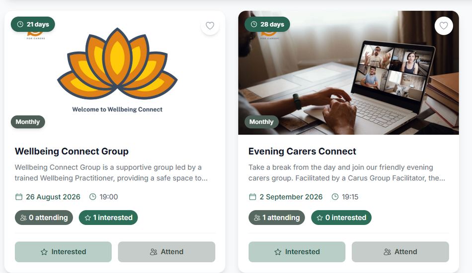 Two online group cards: a Wellbeing Connect Group and an Evening Carers Connect group, both monthly.