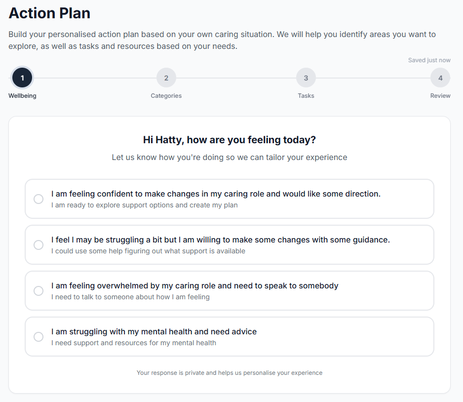 Action Plan wellbeing check: "Hi Hatty, how are you feeling today?" with four options from feeling confident to struggling with my mental health.